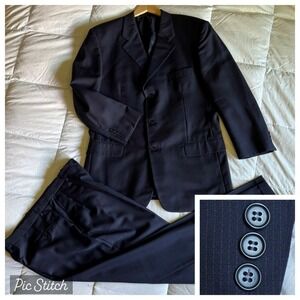 Vtg Pavone Italy Super 100 Suit Men's 44L 33x31 Pleated Navy Blue Pinstripe Boss